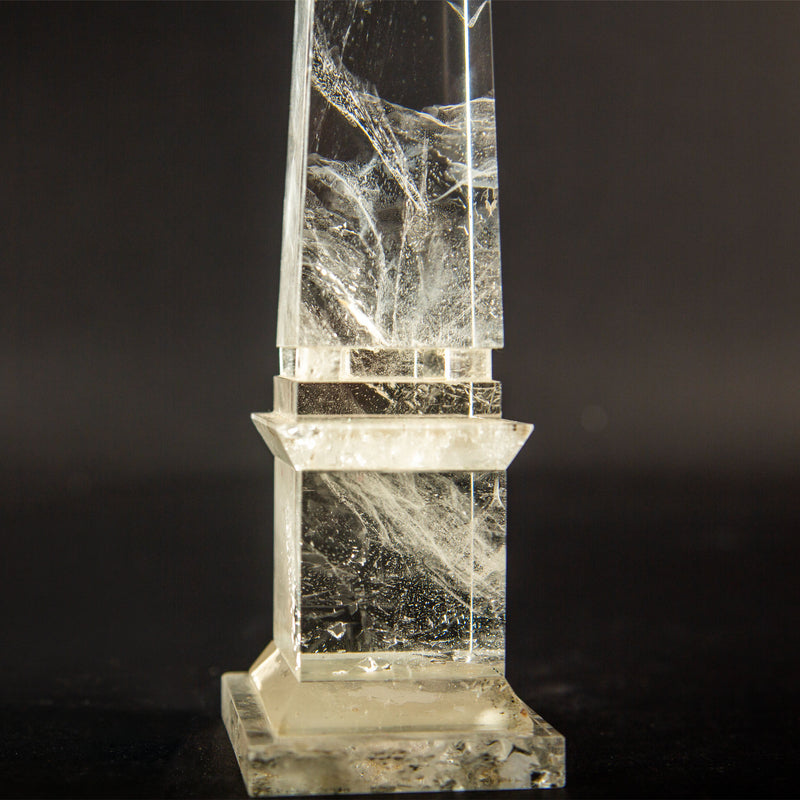 Hand-Carved Clear Rock Crystal Obelisk on Stepped Base, 12.5"