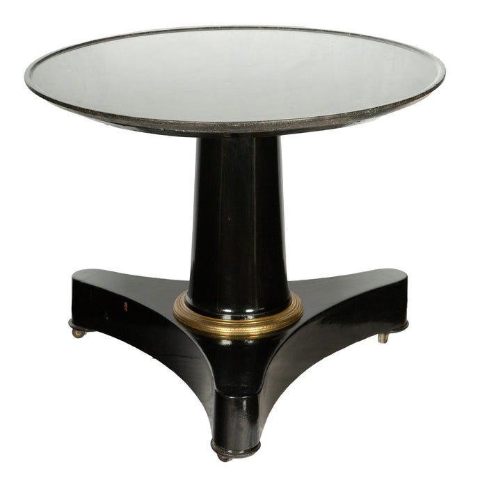 19th-C. Black Lacquer Pedestal Table w Fossil Stone Top and Gilt-Bronze Elements