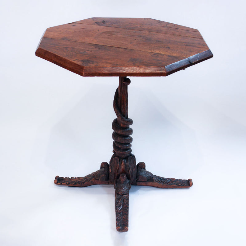 Rare Black Forest Carved Oak Occasional Table with Serpent Pedestal