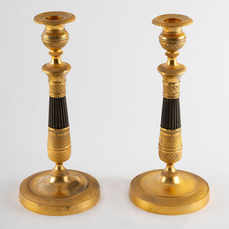 Pair of French Empire Gilt and Patinated Bronze Candlesticks, 19th C