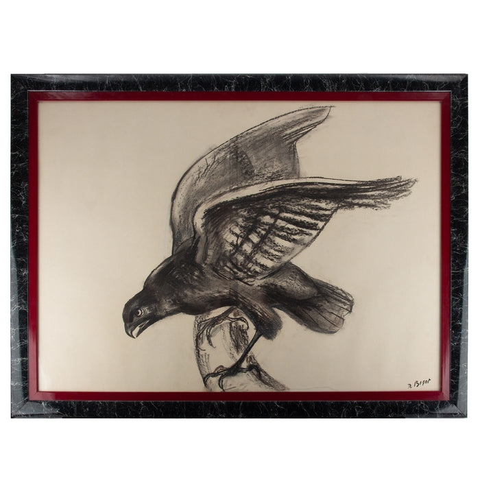 Raven in Motion: A 20th C. Charcoal Study Signed R. Bigot