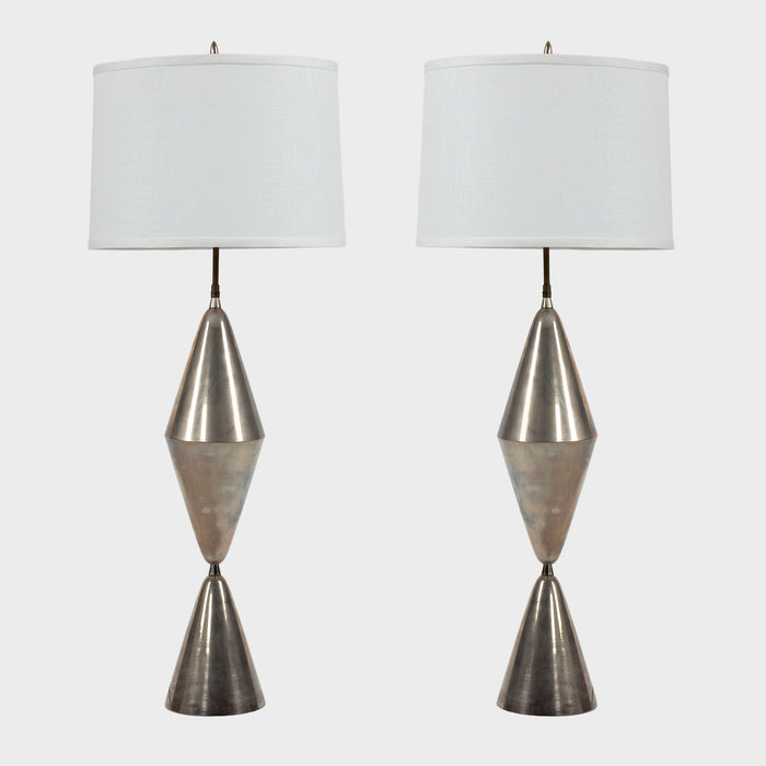 Minimalist Glow: Pair of Mid Century Geometric Silver Metal Lamps