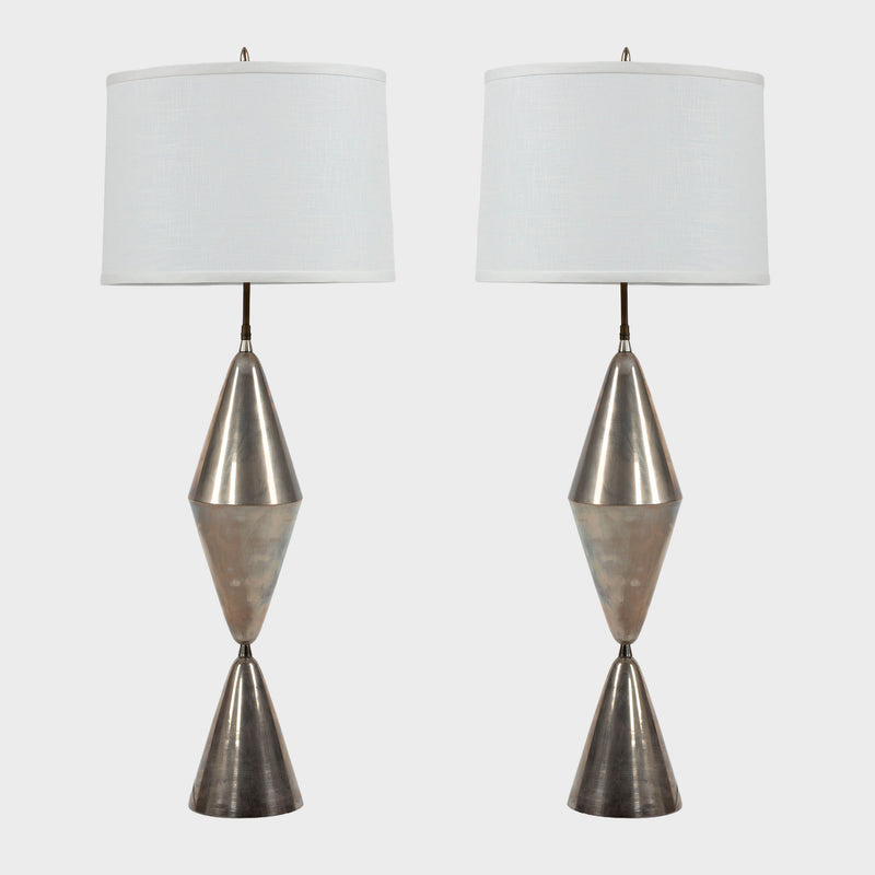 Minimalist Glow: Pair of Mid Century Geometric Silver Metal Lamps