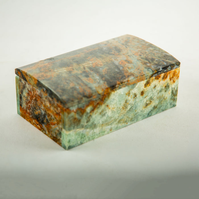 Polished Green Onyx Stone Box with Rust and Blue-Green Veining