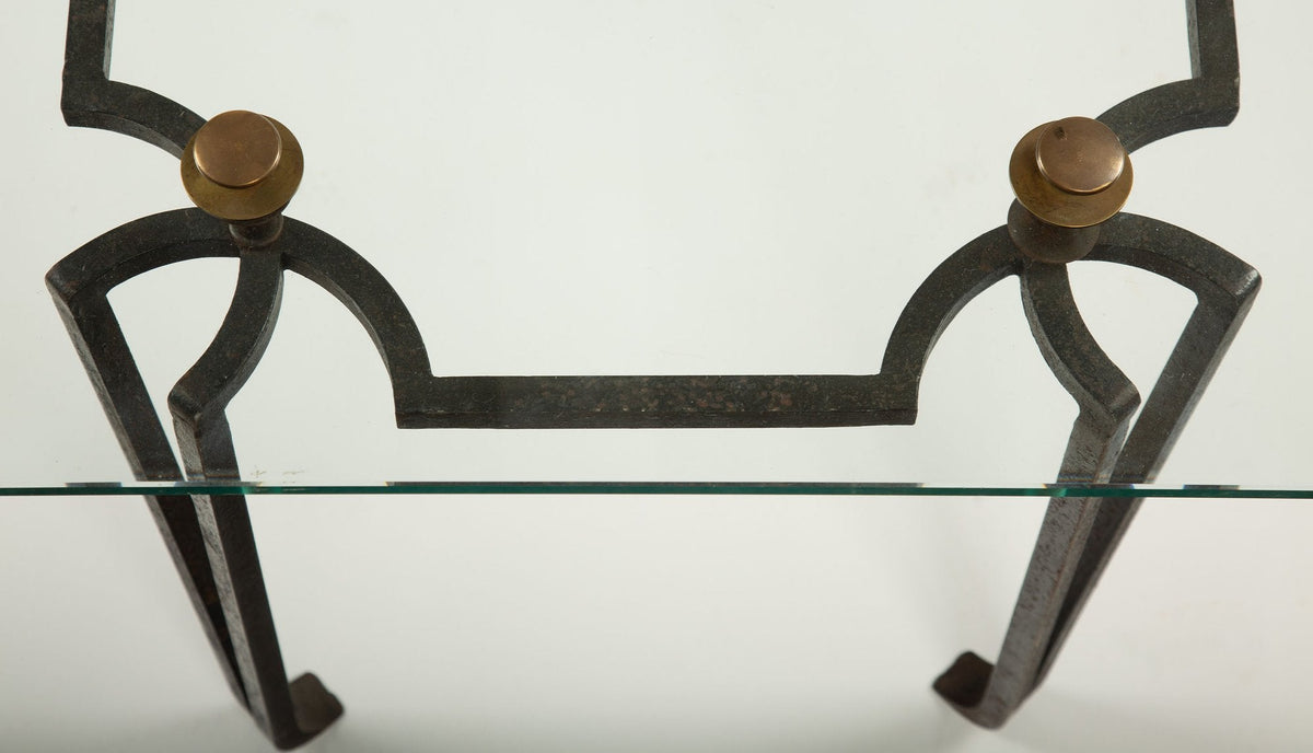 French Art Deco Wrought Iron and Glass Coffee Table with Bronze Finials 20th C.