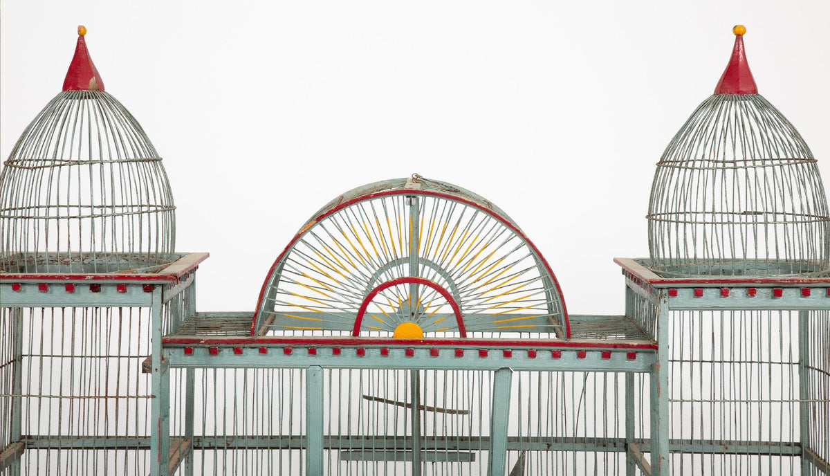 The Bird Palace: Late 19th Century Bird Cage Painted Grey with Red Accents