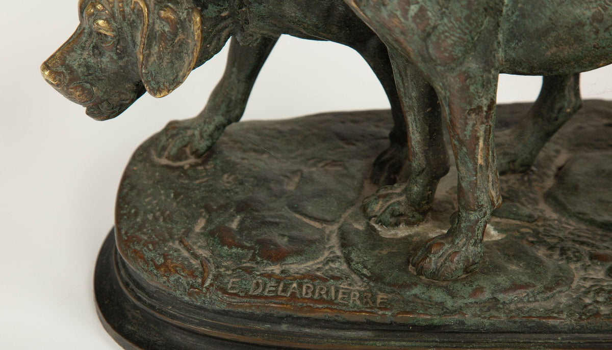 Paul-Édouard Delabrièrre, Bronze Group of Two Hounds, French Animalier, 19th C.