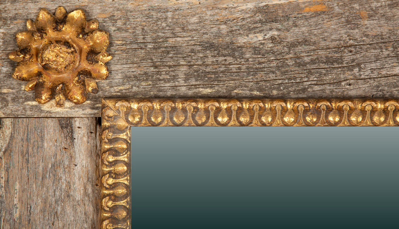 Elegant French Mirror with Rustic Wood Frame and Gilded Accents- Contemporary