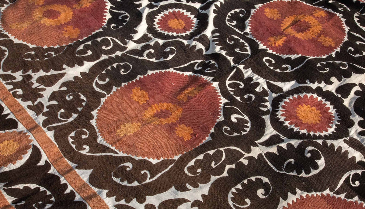 Handmade Vintage Cotton Suzani, Orange, and Charcoal