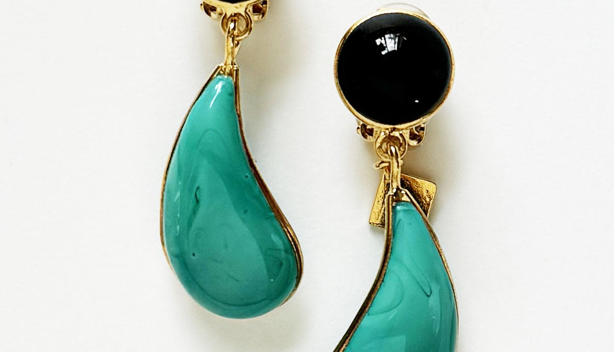 Loulou De La Falaise Bi-Color Teardrop Clip Earrings, Ink / Turquoise
