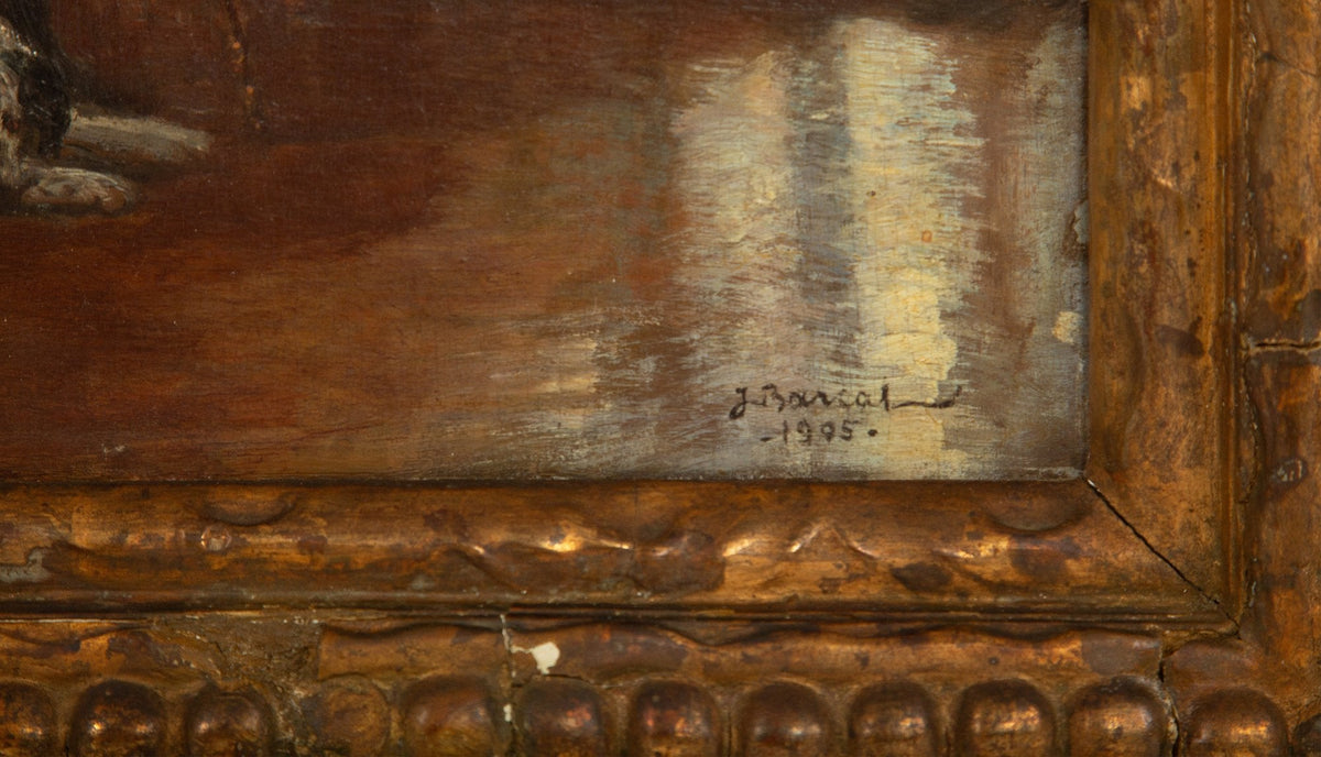 At Work: 1905 Painting of a Writer and His Dog in a Chic Salon, Signed J. Barcal