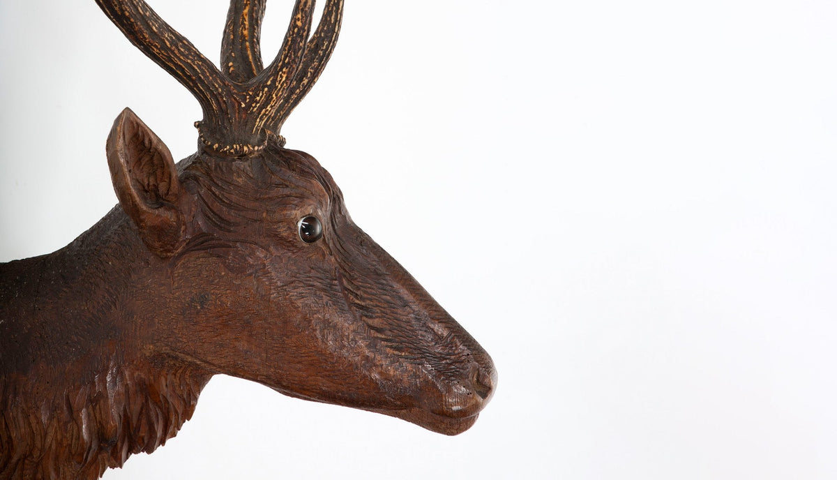 The Stag of the Black Forest: Early 19th Century Carved Deer Head w/ Real Antler