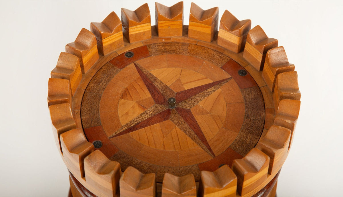 20th C Handcrafted Wooden Castle Model with Interior Illumination and Marquetry