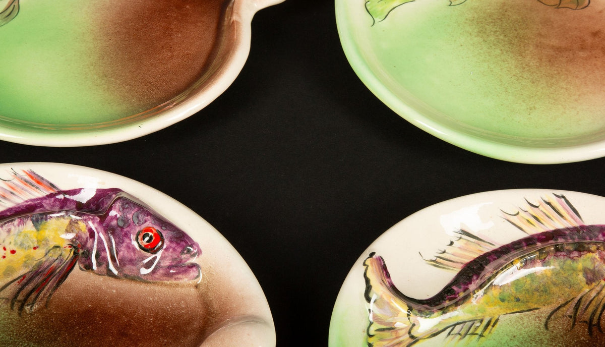 French Mid-Century Hand-Painted Fish Plate Set with Platter, Signed Vallauris