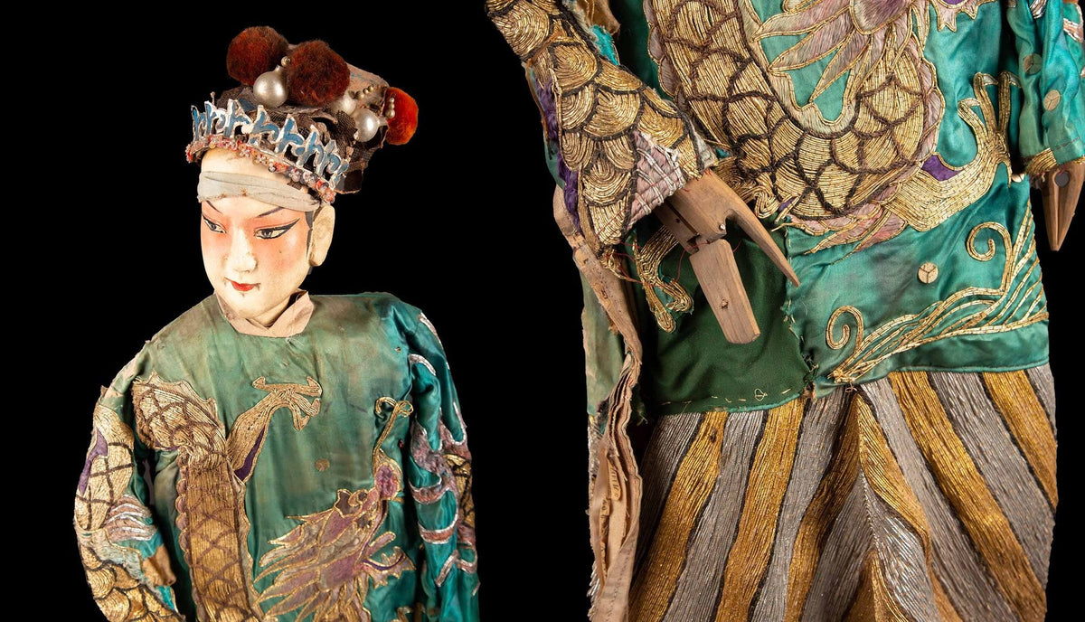 Chinese Opera Theatre Marionette, Green Silk Robe, Pink Pom Poms