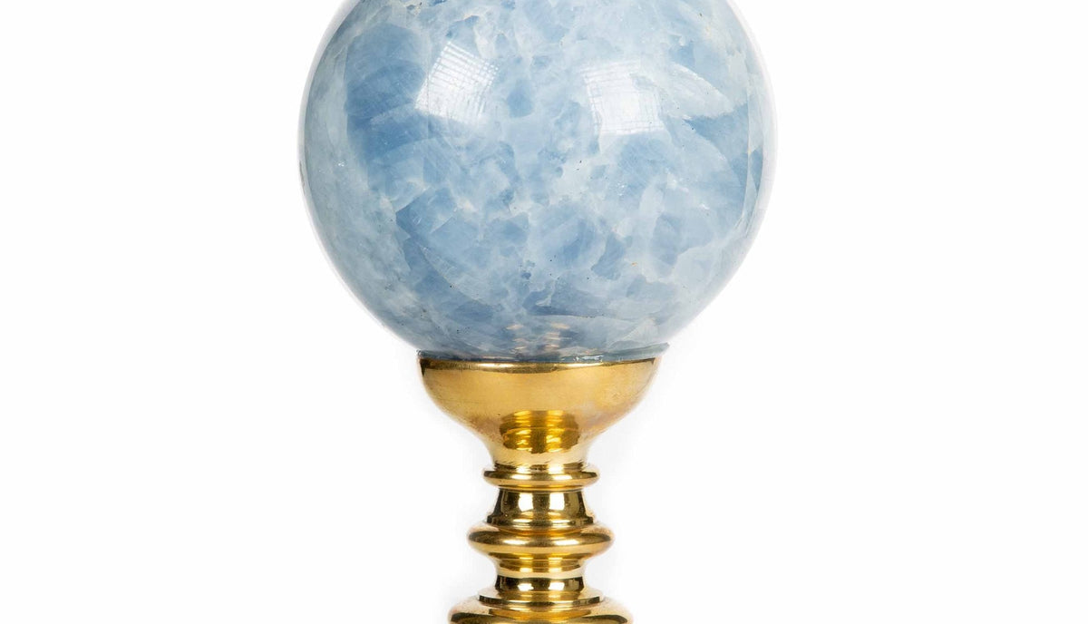Blue Calcite Sphere Mounted on Brass Base