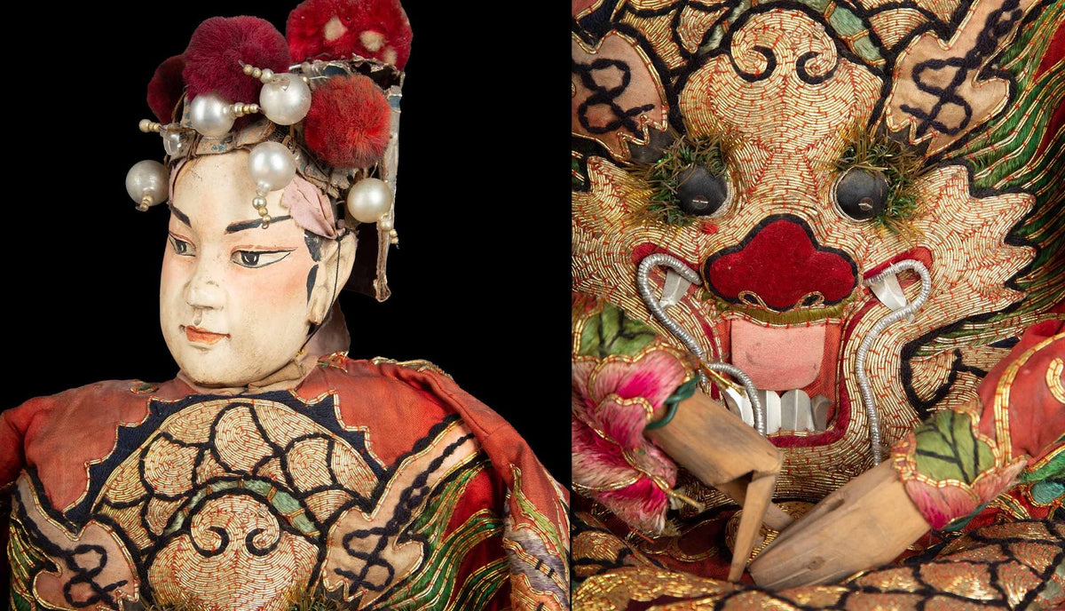 Chinese Opera Theatre Marionette, Red Silk Robe, Pink Pom Poms