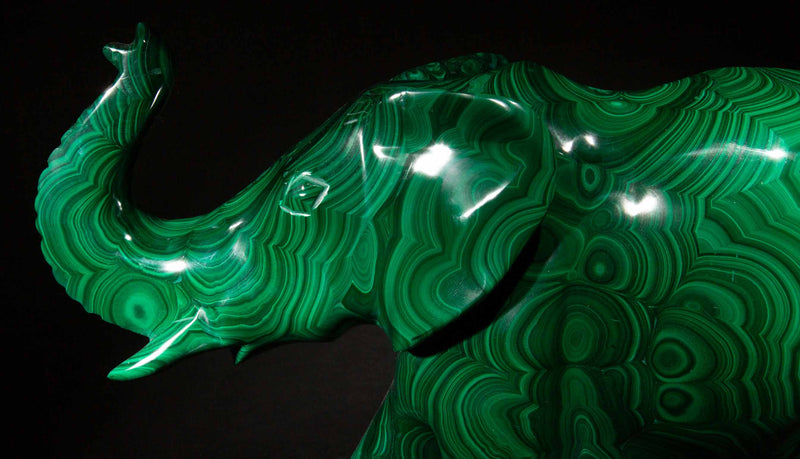 Large Carved Malachite Elephant, 12"