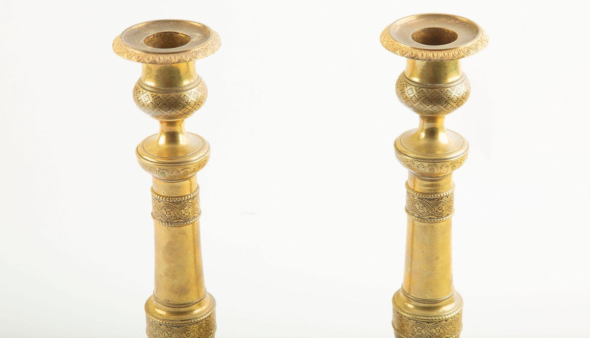 Pair of 19th-C French Gilt Bronze Candlesticks w/ Grape and Vine Decoration