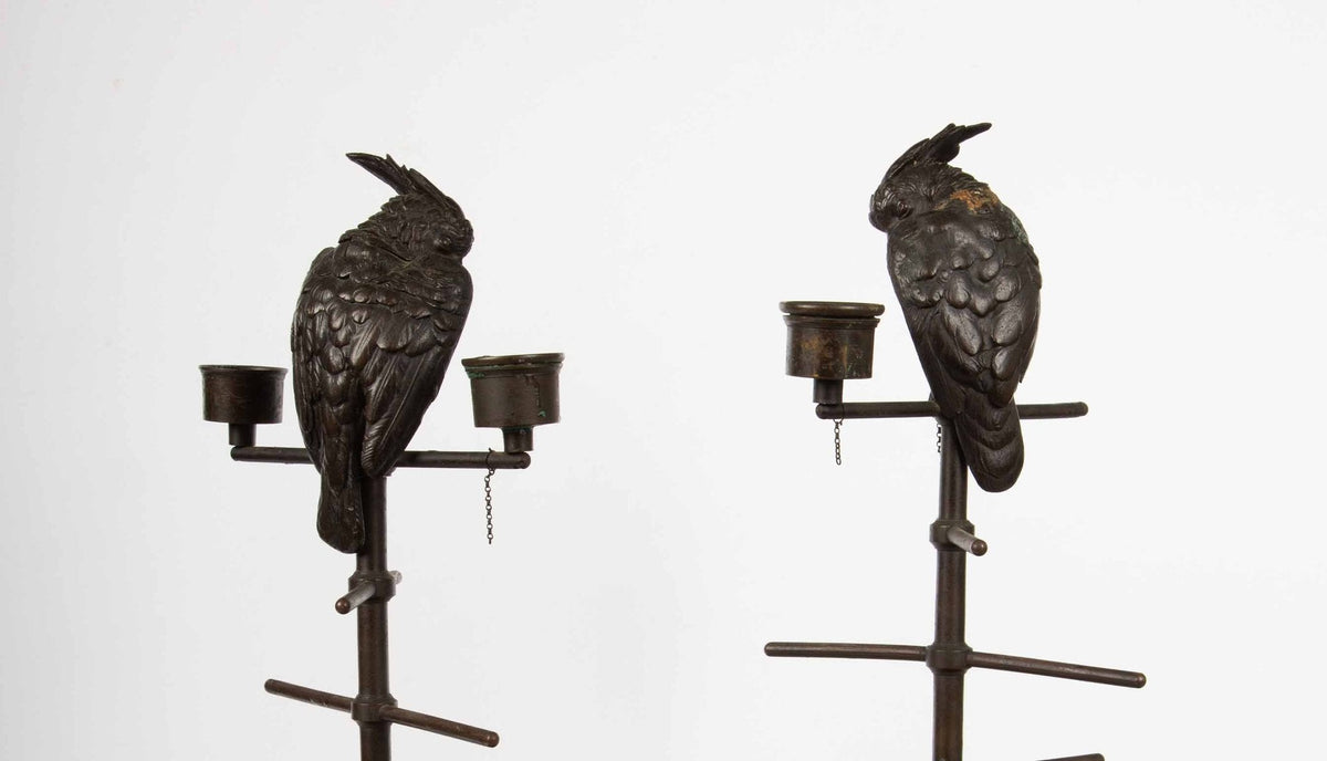 Whimsical 19th Century Parakeet Perch Inkwell Candlesticks: Ink 'n' Perch Delight!