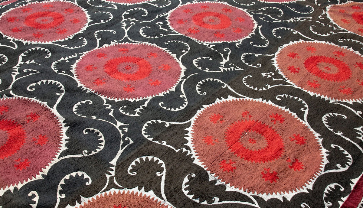 Vintage Black & Ox Blood Suzani, 159"