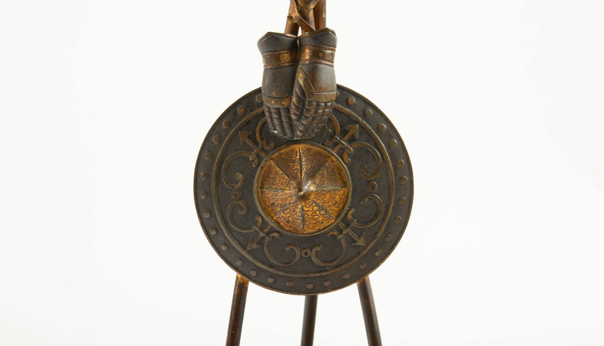 Pair of 19th-C French Bronze Tripod Candlesticks- Martial Motifs on Marble Bases