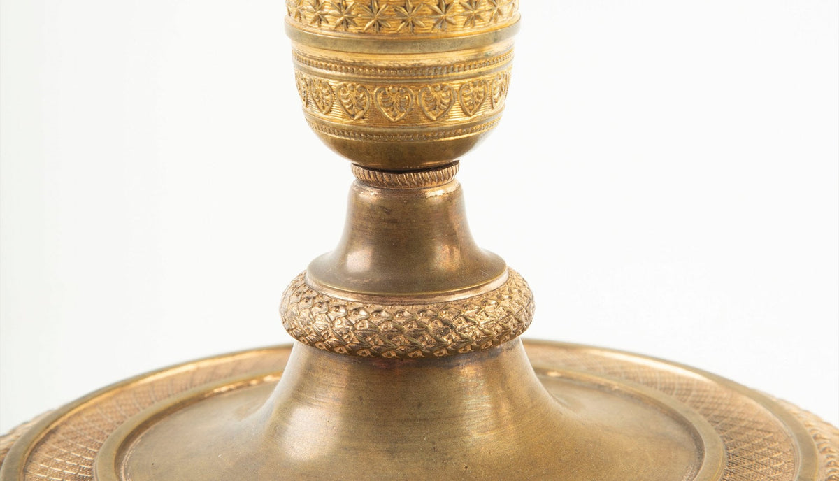Pair of French Empire Period Gilt Bronze Candlesticks with Guilloché Decoration