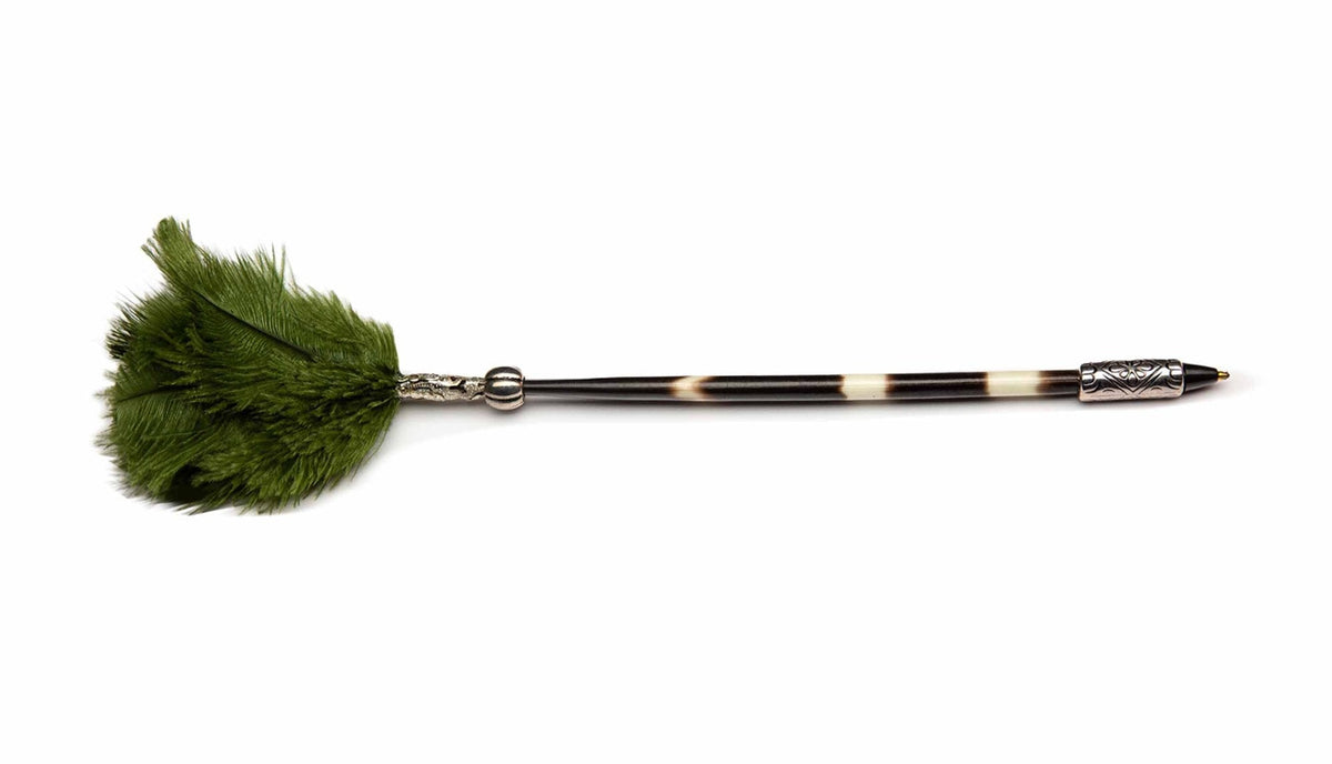 Porcupine Quill Pen W/ Green Feathers