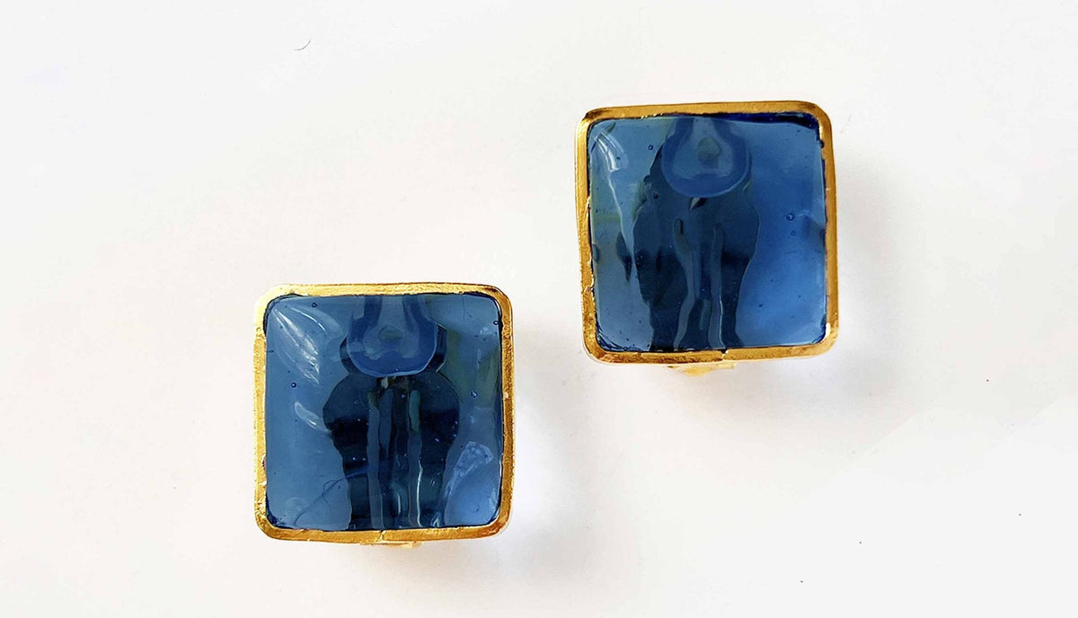 Pave Square Clip Earrings, Ocean