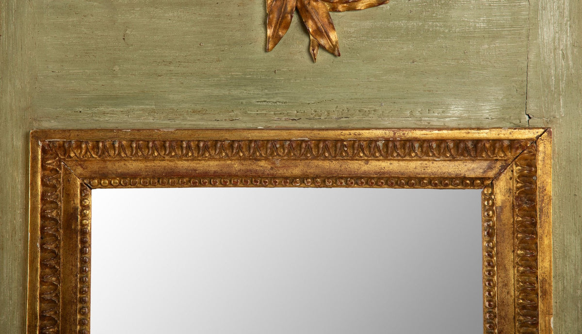 Antique French Trumeau Mirror, Early 20th C, Green-Painted with Giltwood Trophy