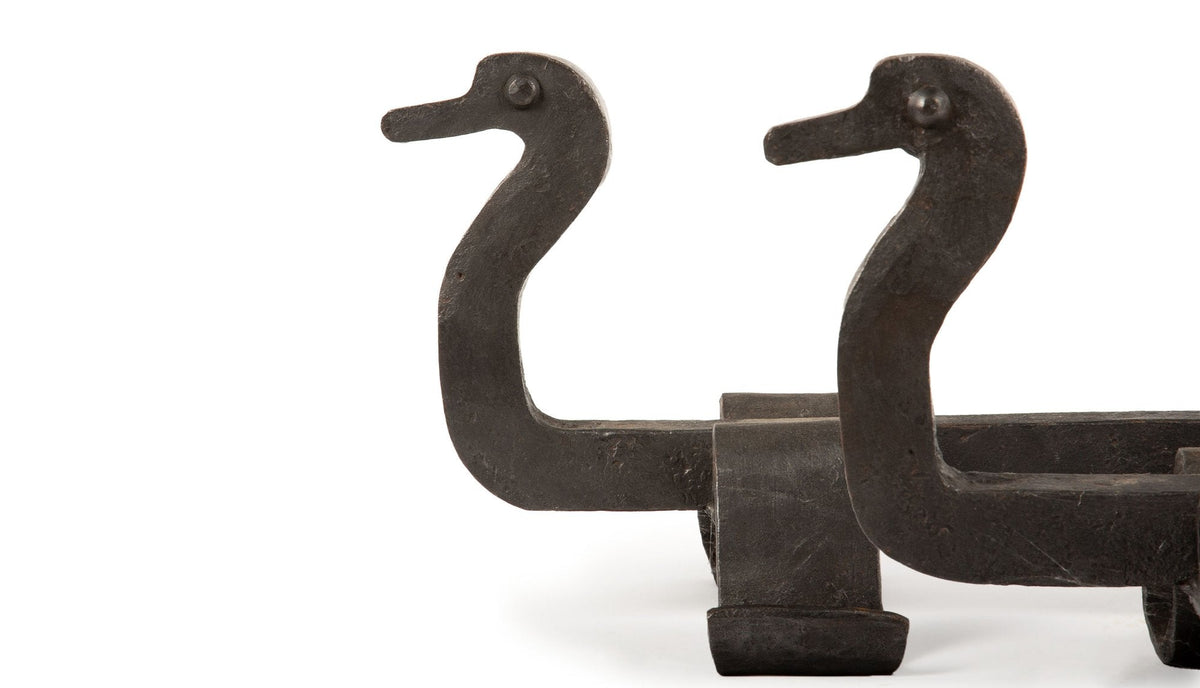 Exquisite Pair of French Duck-Shaped Andirons in Hand-Forged Iron