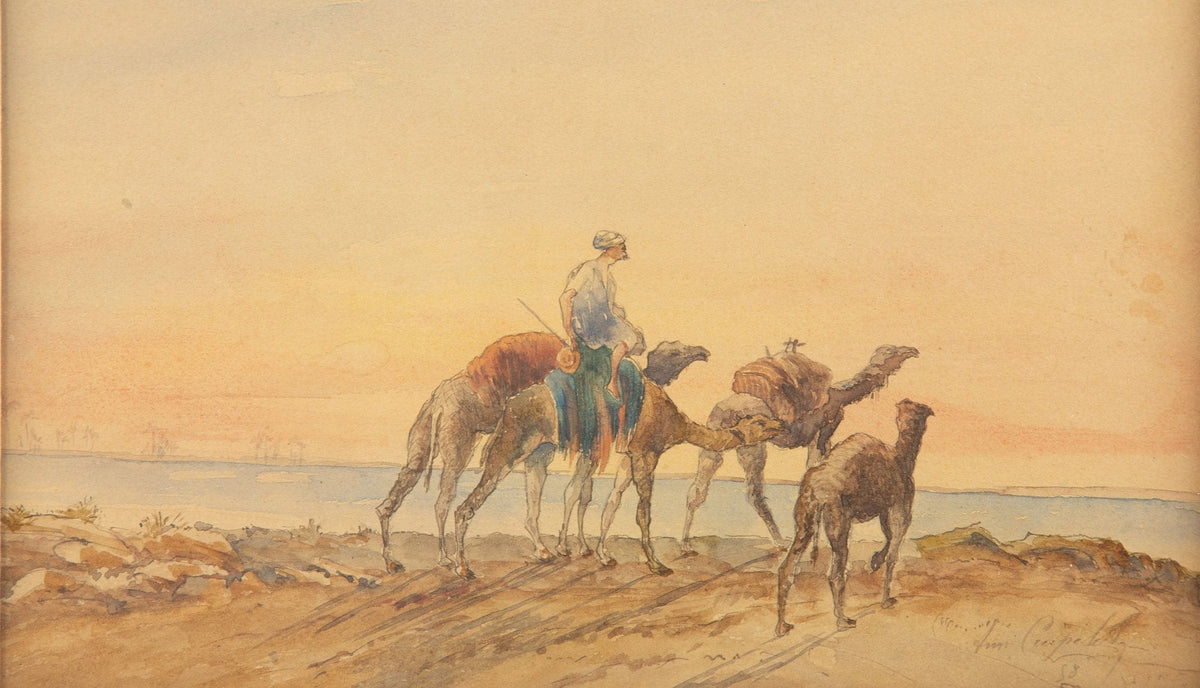 19th Century Watercolor of Camels & Rider Signed & Dated, Louis Aimable Crapelet