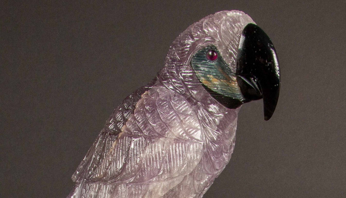 Carved Amethyst Parrot Mounted on an Rock Crystal Cluster 10.5"H