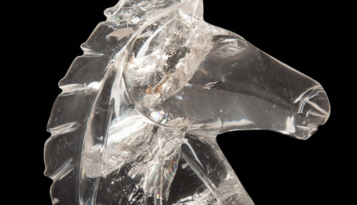 Enchanting Equestrian Elegance: Hand-Carved Rock Crystal Horse Head from Brazil