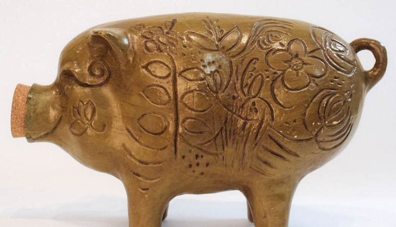 This Little Piggy Saved It All: Large Vintage Folk Art Ceramic Pig Bank