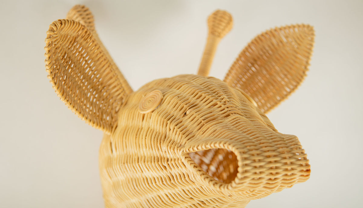 Sculptural Handwoven Rattan Giraffe Head Wall Sculpture