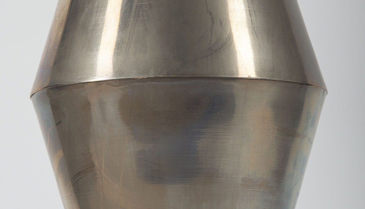 Minimalist Glow: Pair of Mid Century Geometric Silver Metal Lamps