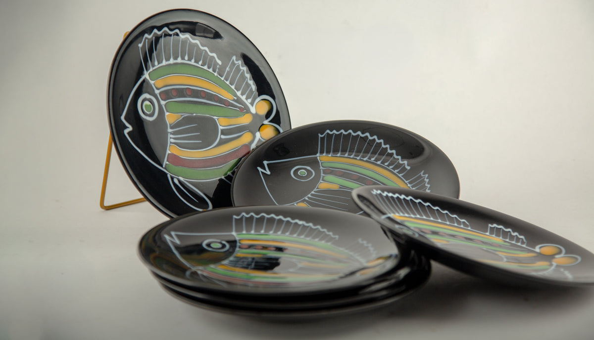 Rare Set of Twelve Robert Picault Vallauris Bird & Fish Faience Plates, 1960's