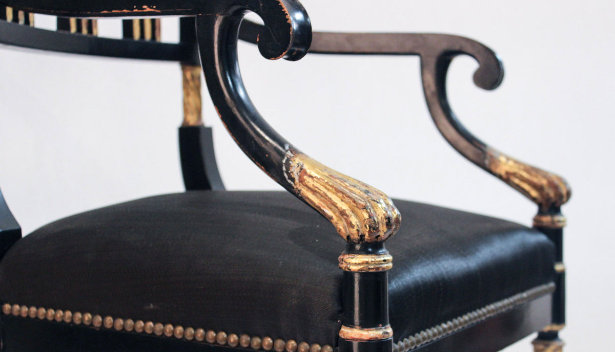Pair of Regency Ebonized Armchairs with Parcel Gilt Decoration