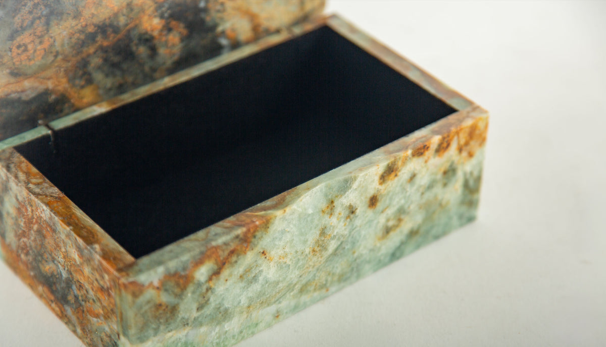 Polished Green Onyx Stone Box with Rust and Blue-Green Veining