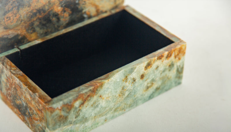 Polished Green Onyx Stone Box with Rust and Blue-Green Veining