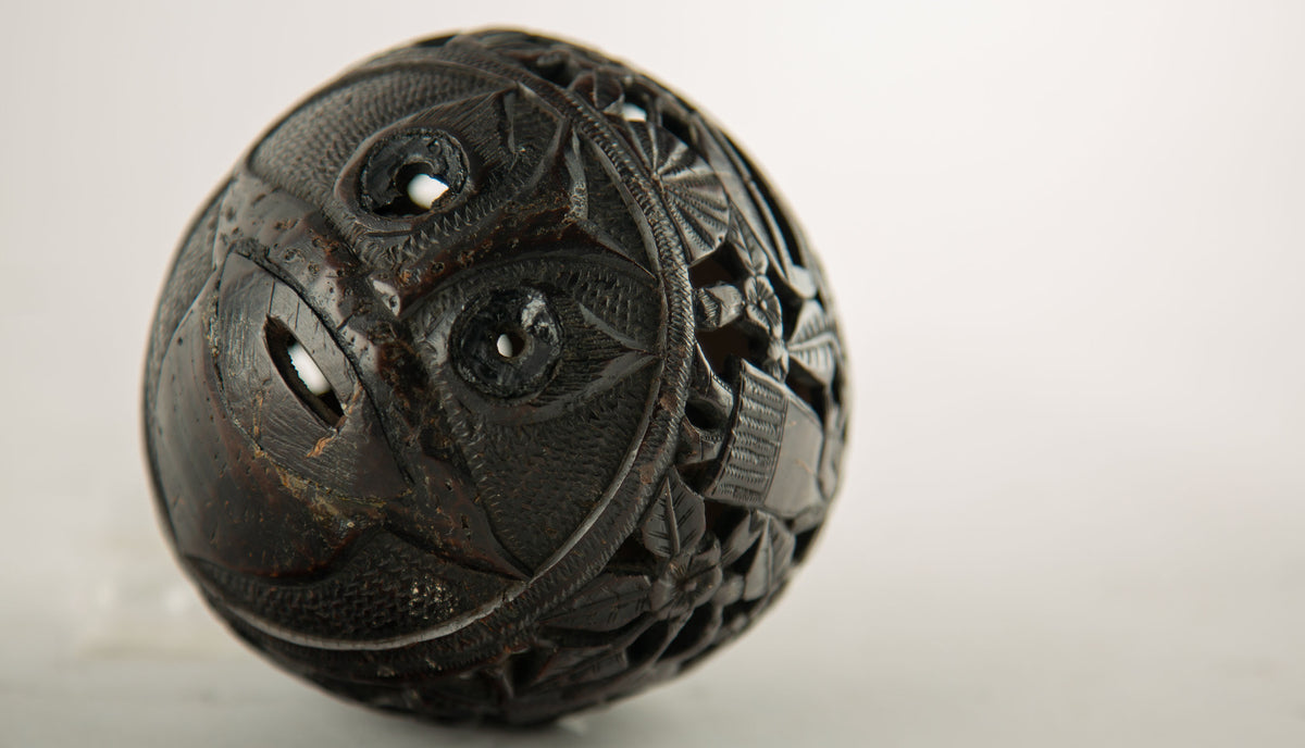 Early 19th C. French Colonial Carved Coconut Curiosity or Possible Money Box