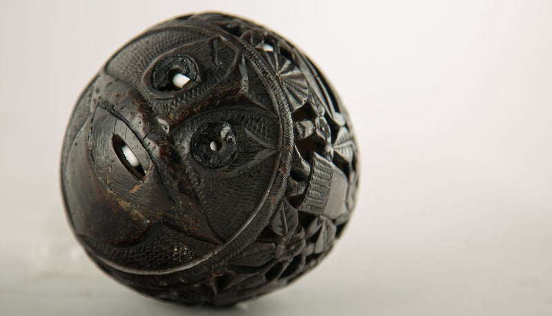 Early 19th C. French Colonial Carved Coconut Curiosity or Possible Money Box