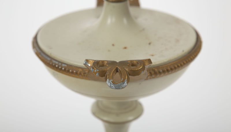 The Classical Glow: Pair of Mid Century Cream Tole Painted Kylix Shaped Lamps
