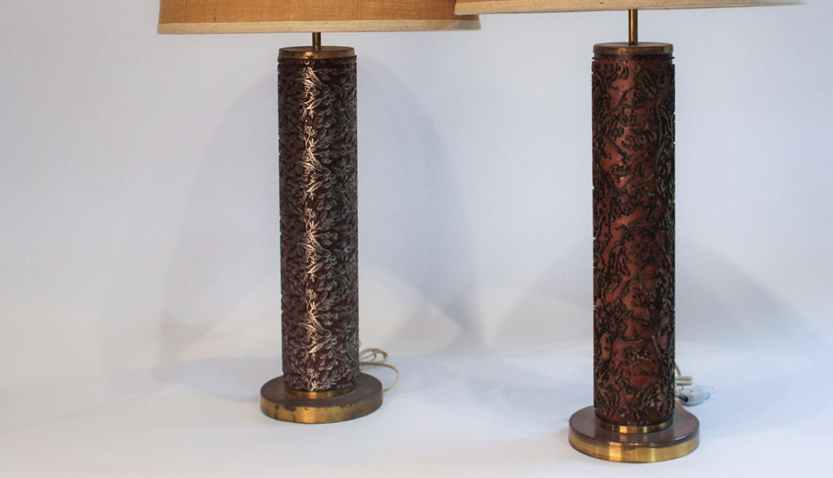 Pair of Vintage Embossed Metal and Wood Wallpaper Printing Roller Table Lamps