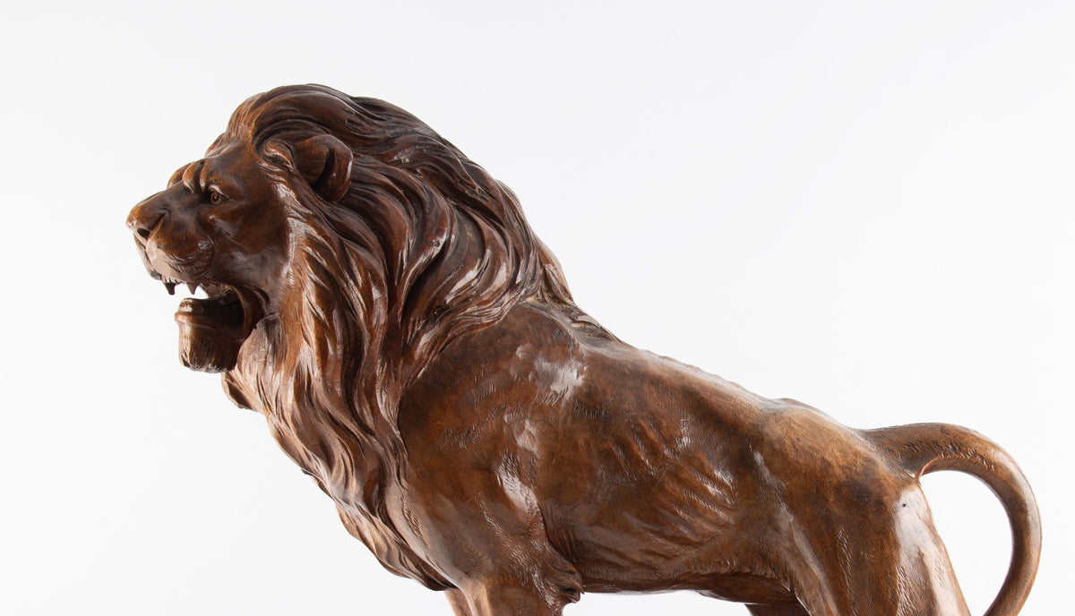 Majesty Carved in Wood: 20th C. Lion Sculpture By P. Trauffer