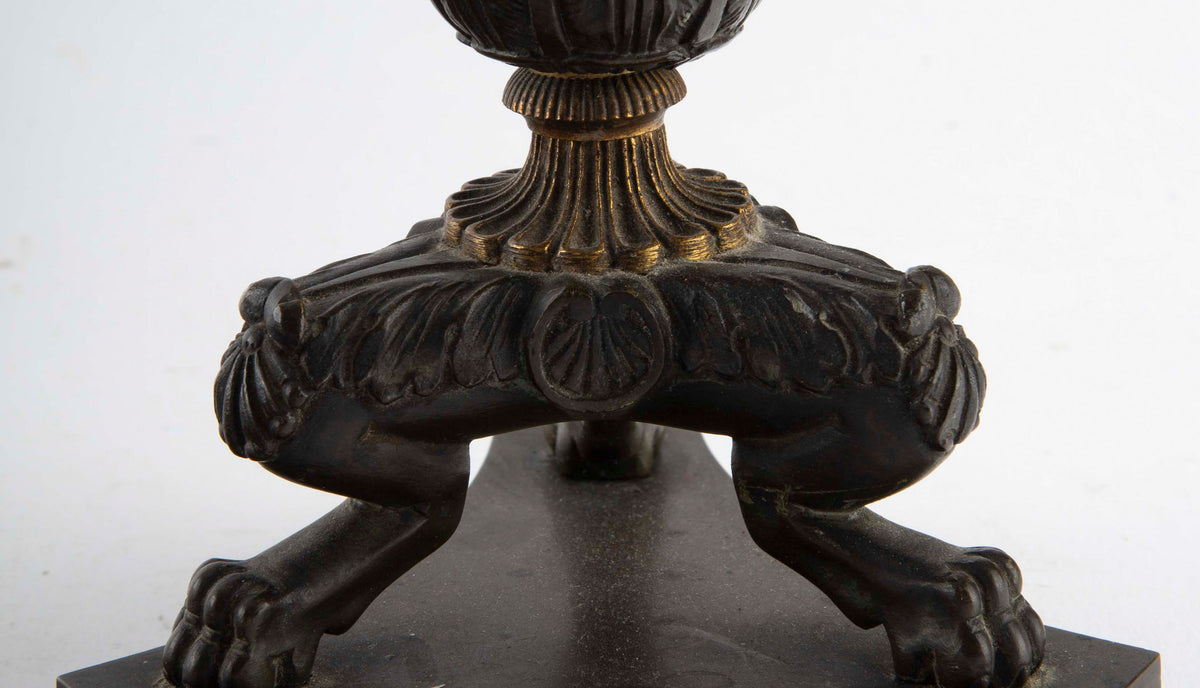 Pair of French Empire Revival Patinated and Gilt Bronze Candlesticks, 11.5" H