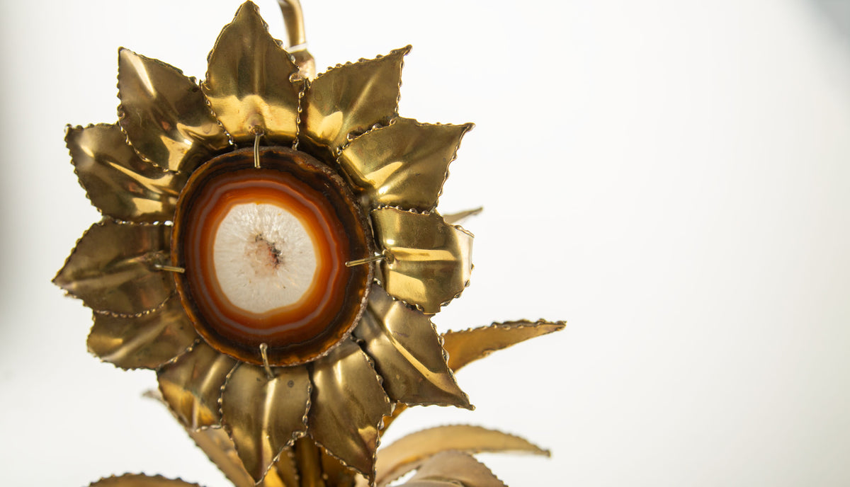 1970s P. Mas-Rossi French Brass Sunflower Table Lamp with Agate Center