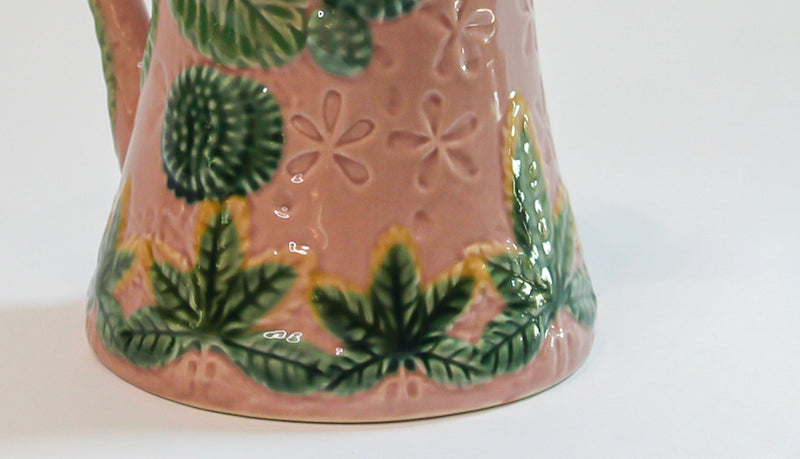 Majolica-Style Pink and Green Botanical Jug with Leaf Decoration