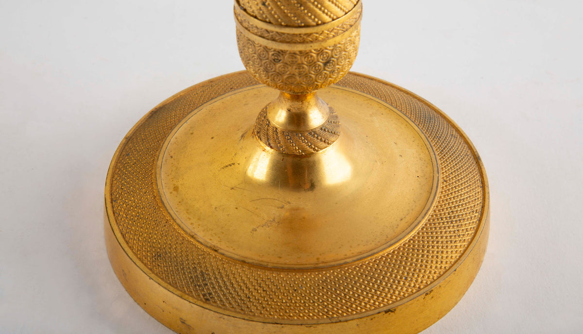 Pair of French Empire Gilt and Patinated Bronze Candlesticks, 19th C